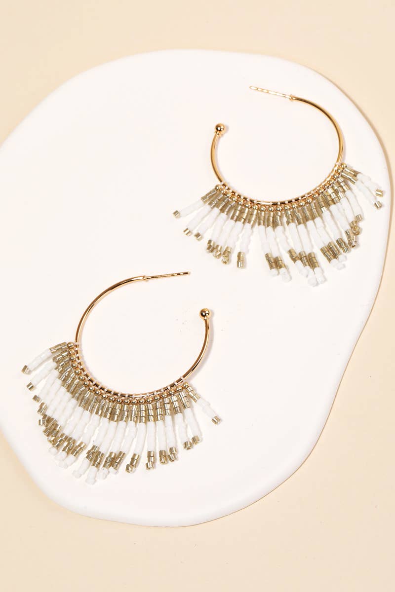 White Seed Beaded Fringe Circle Hoop Earrings