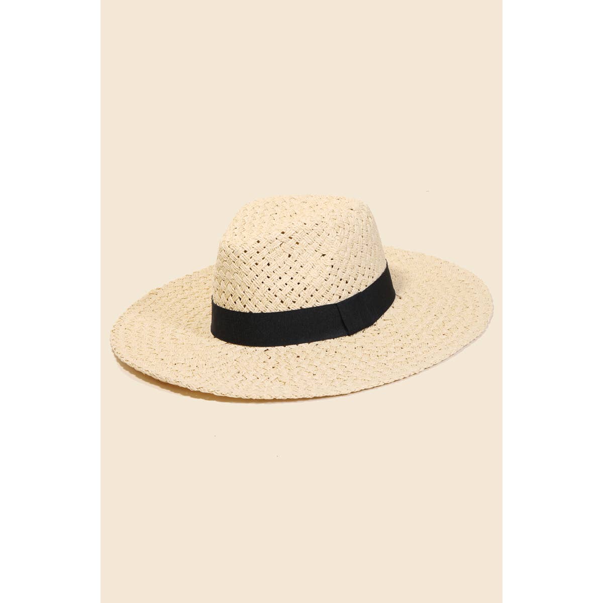 Straw Braided Black Ribbon Strap Sun Hat: KA