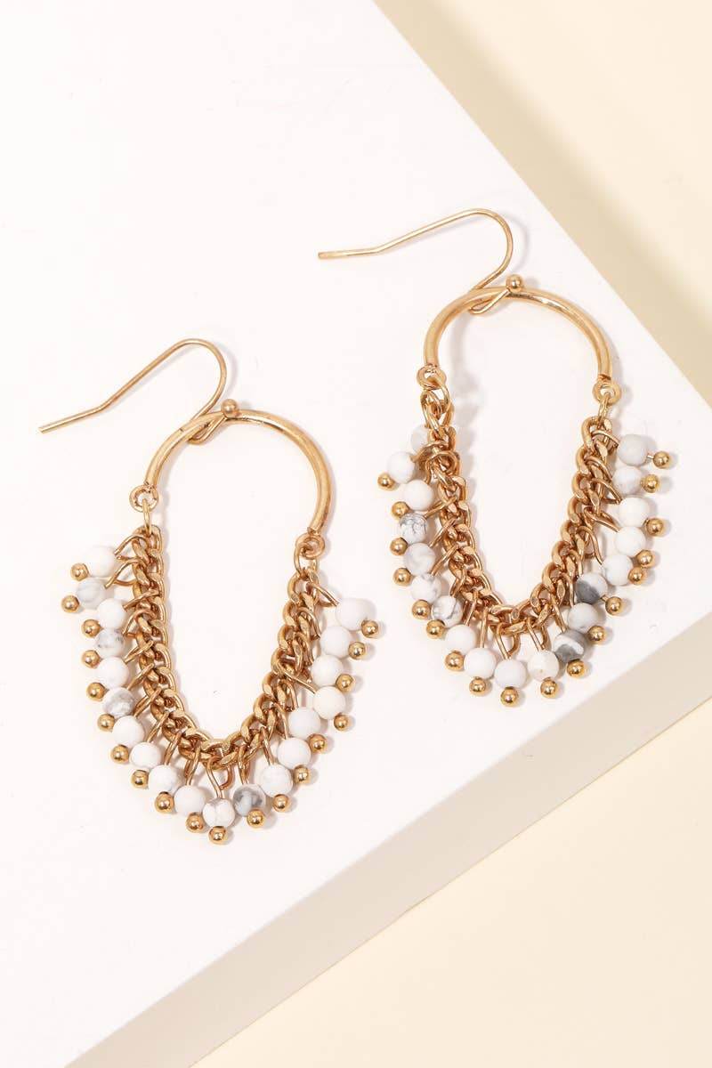 White Matte Oval Chain Stone Bead Chandelier Earrings