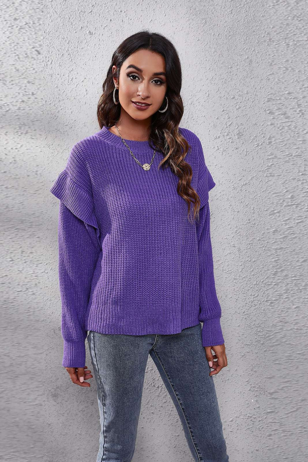 Purple Ruffle Sleeve Sweater