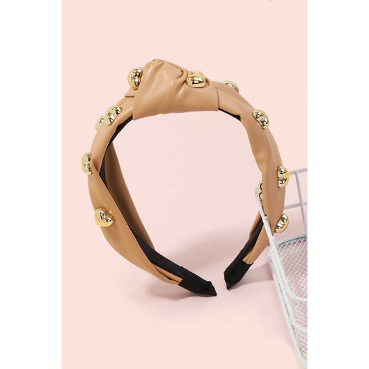 Heart Studs Faux Leather Head Band - Camel