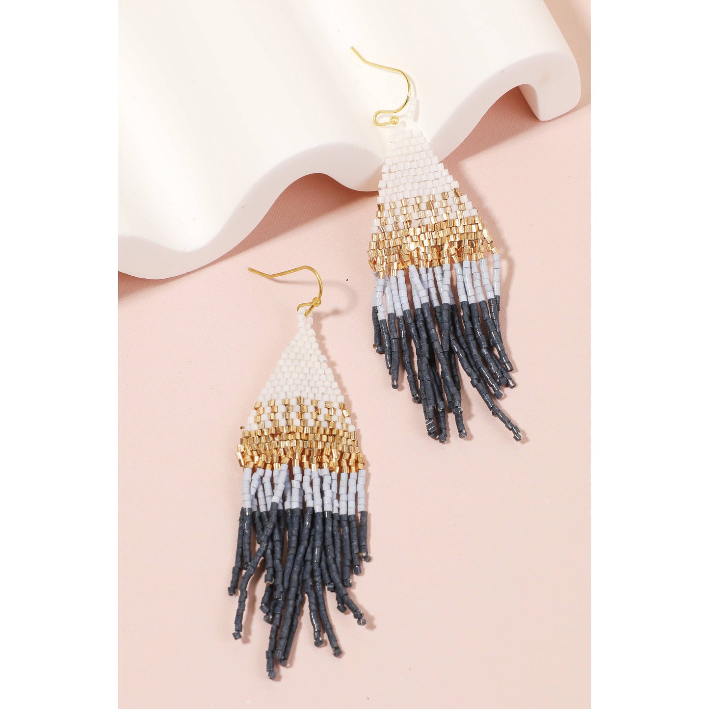 Blue Seed Beaded Pattern Triangle Fringe Earrings