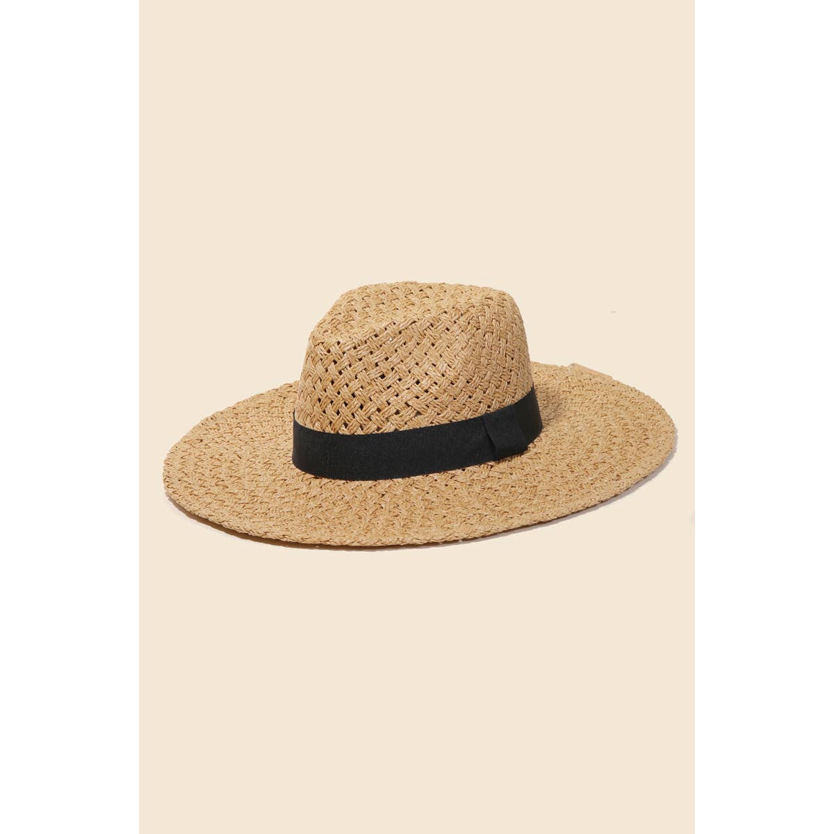 Straw Braided Black Ribbon Strap Sun Hat: KA