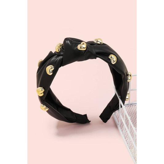 Black Heart Studs Faux Leather Head Band