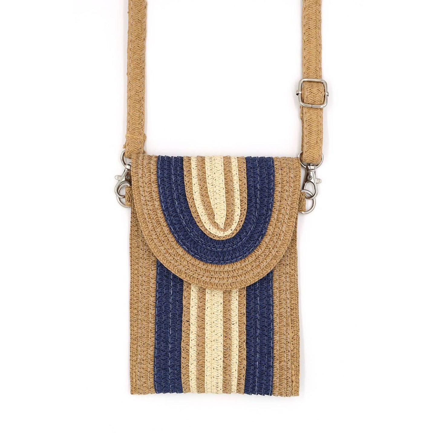 Navy Striped Pattern Straw Cellphone Bag