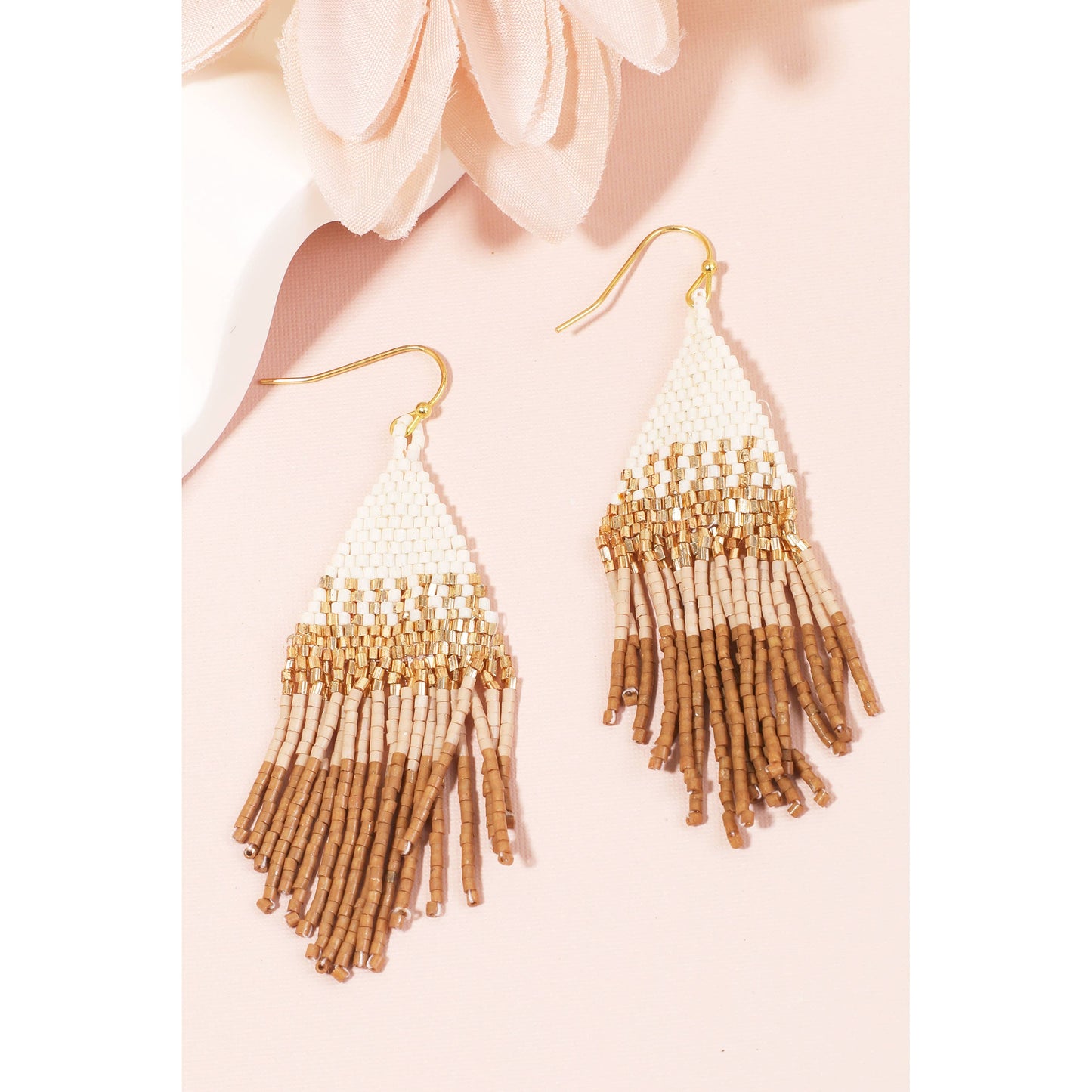 Brown Seed Beaded Pattern Triangle Fringe Earrings