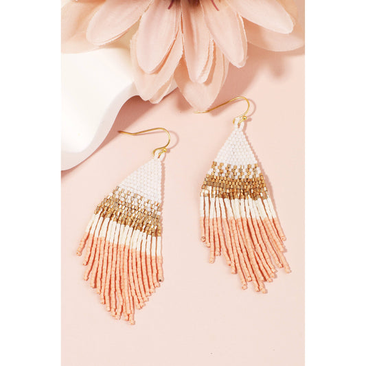 Pink Seed Beaded Pattern Triangle Fringe Earrings