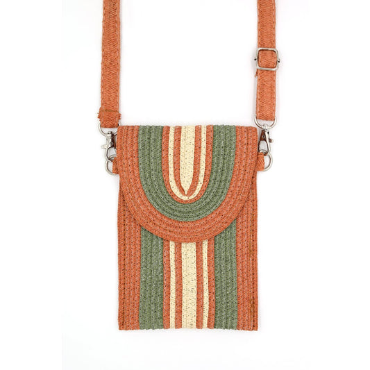 Olive Striped Pattern Straw Cellphone Bag