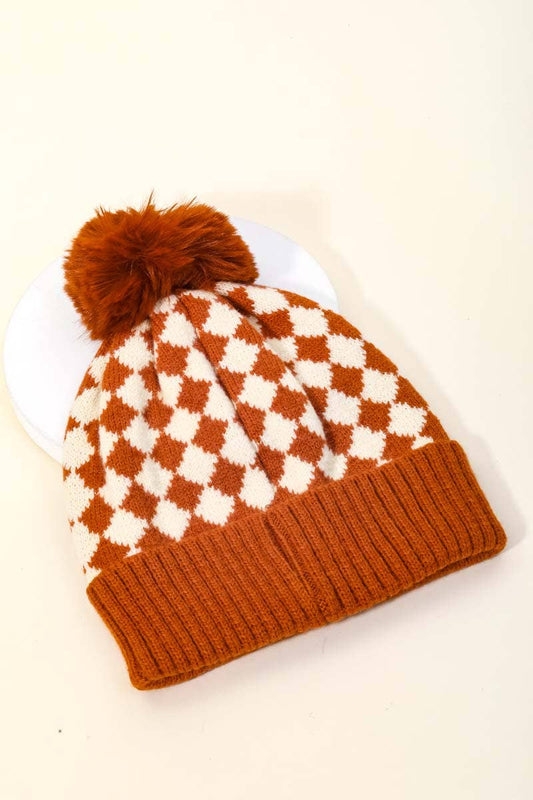 Rust Checkered Pattern Pom Beanie