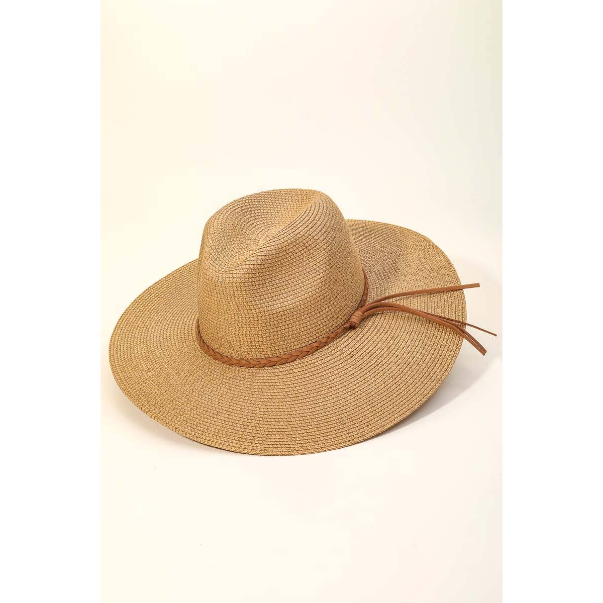 Taupe Braided Rope Strap Floppy Brim Sun Hat: