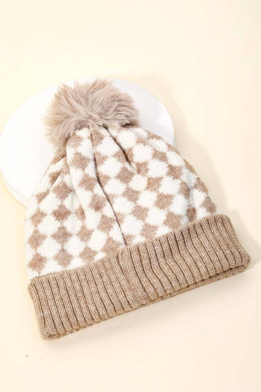 Khaki Checkered Pattern Pom Beanie