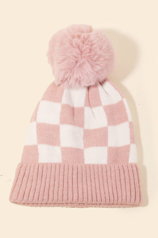 Pink Checkered Pattern Pom Beanie