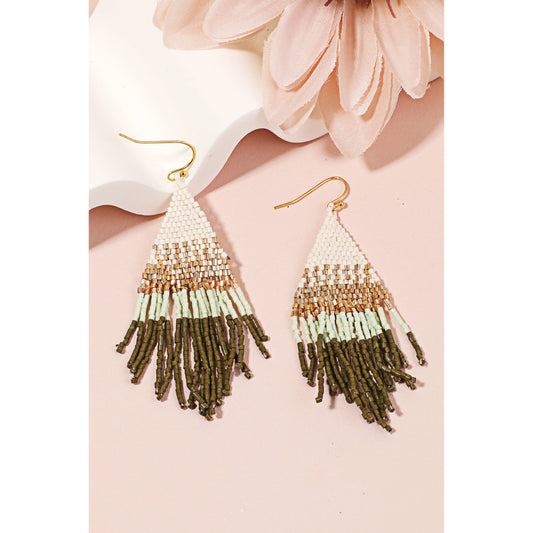 Olive Seed Beaded Pattern Triangle Fringe Earrings